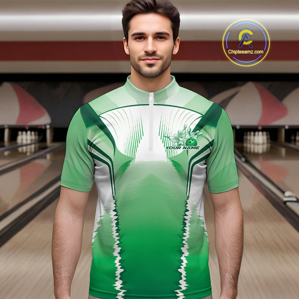 Custom Green Bowling Team Jerseys, Bowling Uniform Bowling League Quarter-Zip Shirts For Men IPHW9938