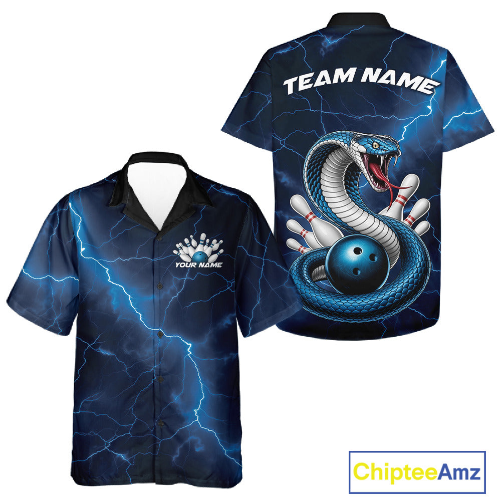Front and back button-up bowling shirt featuring a blue cobra snake coiled around a bowling ball with scattered pins and lightning details.
