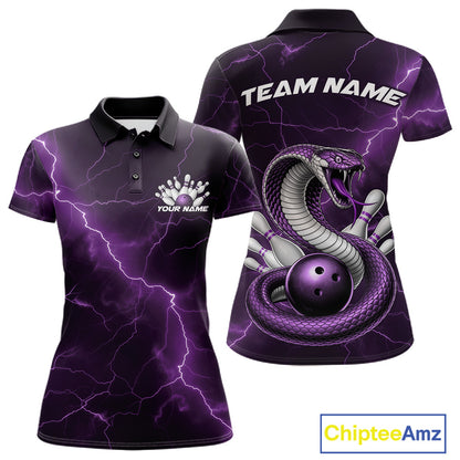 Front and back womens bowling polo featuring a purple cobra snake coiled around a bowling ball with scattered pins and lightning fantasy artwork.