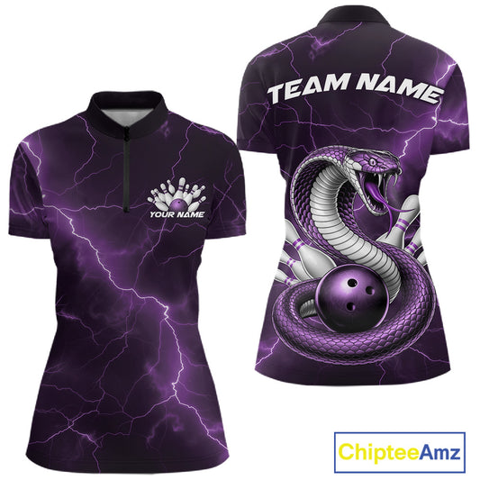 Womens bowling quarter-zip mockup featuring a purple cobra coiled around a bowling ball with scattered pins.