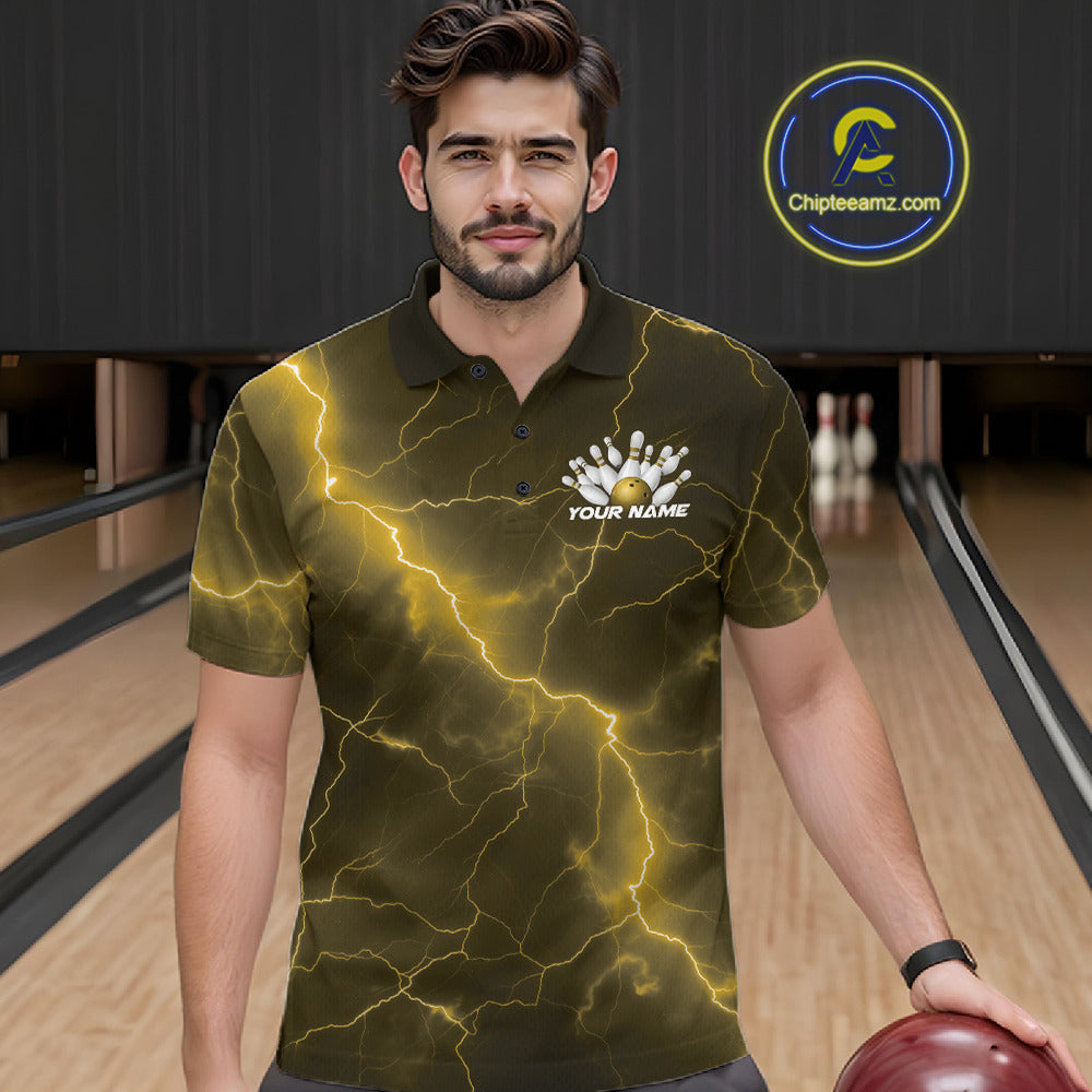 Male model at the bowling lane wearing a bowling polo with yellow cobra graphics and bowling-themed accents.
