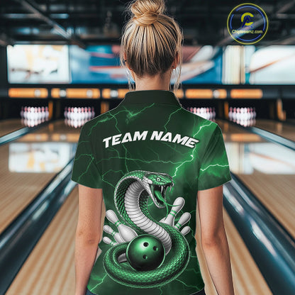 Back view of a womens bowling polo showcasing a green cobra wrapped around a bowling ball with lightning-inspired accents.