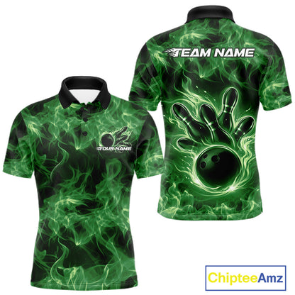 Front and back mens green bowling polo featuring a bowling ball surrounded by intense flame graphics.
