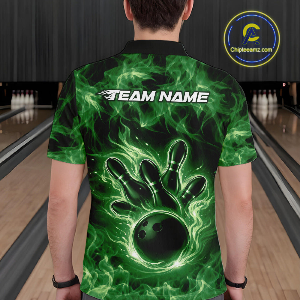 Back view of a green mens bowling polo displaying a bowling ball encircled by flames.