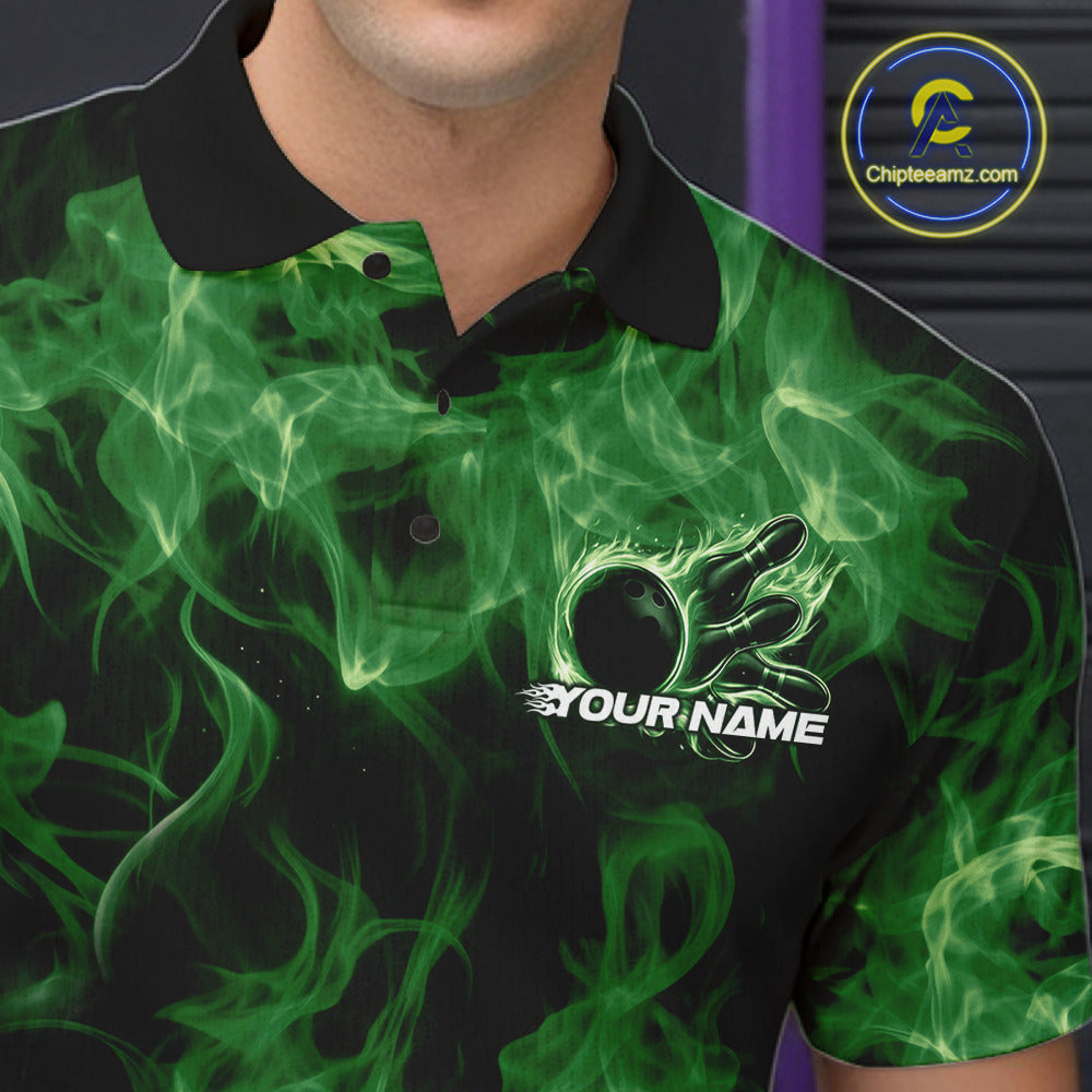 Left chest close-up of a green bowling polo featuring a bowling ball surrounded by fiery accents.