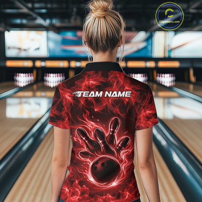 Back view of a red bowling quarter-zip showcasing a bowling ball surrounded by blazing flames.
