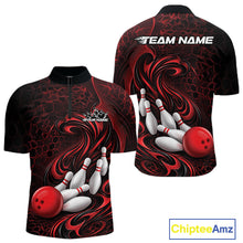 Load image into Gallery viewer, Front and back view of a black and red mens bowling quarter-zip shirt featuring a tribal flame bowling ball and pins graphic