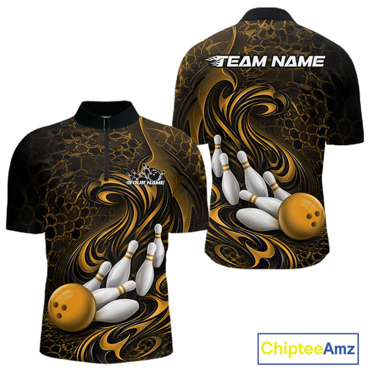 Front and back view of a black and yellow mens bowling quarter-zip shirt featuring a tribal flame bowling ball and pins graphic