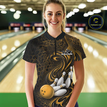 Load image into Gallery viewer, Custom Black And Yellow Tribal Flame Women Bowling Team Shirt, Polygonal Bowling Jerseys IPHW11383