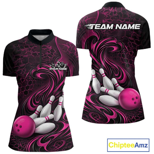 Front and back mockup of a womens black and pink bowling quarter-zip pullover featuring a tribal flame bowling ball and pins graphic.