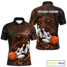 Load image into Gallery viewer, Front and back view of a black and orange mens bowling polo shirt featuring a tribal flame bowling ball and pins graphic