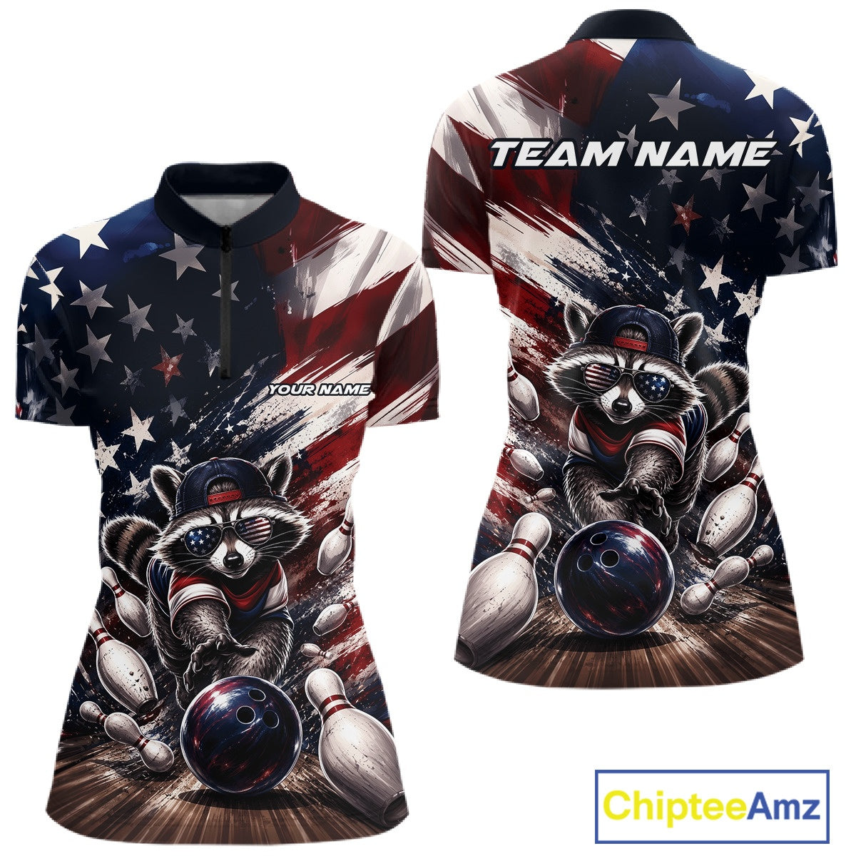 Front and back views of a women's bowling quarter-zip shirt mockup featuring a raccoon in patriotic sunglasses rolling a bowling ball through scattered pins against a distressed American flag backdrop.