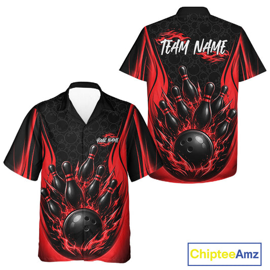 Custom Black And Red Fire Flame Bowling Jerseys, Bowling Men And Women Hawaiian Shirts IPHW11686