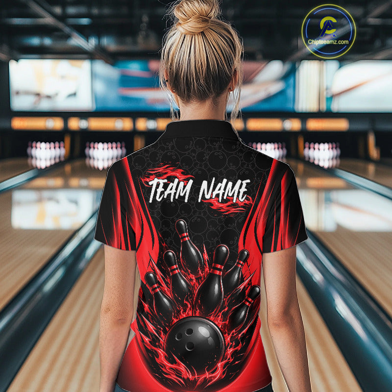 Custom Black And Red Fire Flame Bowling Jerseys, Bowling Women Quarter-Zip Shirts IPHW11686