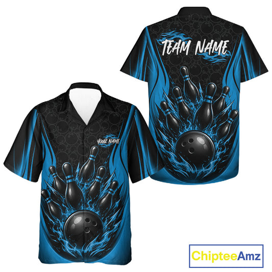 Custom Black And Blue Fire Flame Bowling Jerseys, Bowling Men And Women Hawaiian Shirts IPHW11687