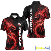 Load image into Gallery viewer, Front and back view of a men's bowling polo shirt mockup showcasing a red energy-flame skull clutching a bowling ball on a black background