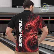 Load image into Gallery viewer, Male model wearing a black bowling quarter-zip shirt in a bowling alley with a skull holding a bowling ball amid swirling red energy flames