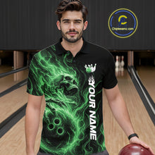 Load image into Gallery viewer, Custom Green Flame Skull Bowling Men Polo Shirts, Gothic Halloween Team Bowling Outfit IPHW11389