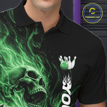Load image into Gallery viewer, Custom Green Flame Skull Bowling Men Polo Shirts, Gothic Halloween Team Bowling Outfit IPHW11389
