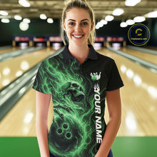 Load image into Gallery viewer, Custom Green Flame Skull Bowling Women Polo Shirts, Gothic Halloween Team Bowling Outfit IPHW11389