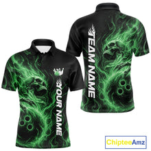 Load image into Gallery viewer, Custom Green Flame Skull Bowling Men Polo Shirts, Gothic Halloween Team Bowling Outfit IPHW11389