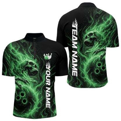 Front and back view of a black mens bowling quarter-zip shirt featuring a skull clutching a bowling ball engulfed in swirling green energy flames
