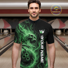 Load image into Gallery viewer, Custom Green Flame Skull Bowling Men Quarter-Zip Shirts, Gothic Halloween Team Bowling Outfit IPHW11389