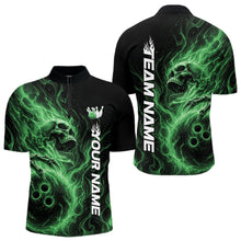 Load image into Gallery viewer, Custom Green Flame Skull Bowling Men Quarter-Zip Shirts, Gothic Halloween Team Bowling Outfit IPHW11389