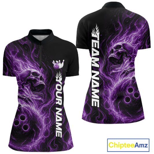Front and back view of a black womens bowling quarter-zip shirt featuring a skull clutching a bowling ball engulfed in swirling purple energy flames
