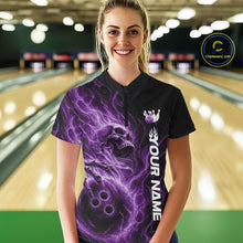 Load image into Gallery viewer, Custom Purple Flame Skull Bowling Women Quarter-Zip Shirt, Halloween Team Bowling Outfit IPHW11390
