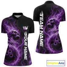 Load image into Gallery viewer, Custom Purple Flame Skull Bowling Women Quarter-Zip Shirt, Halloween Team Bowling Outfit IPHW11390