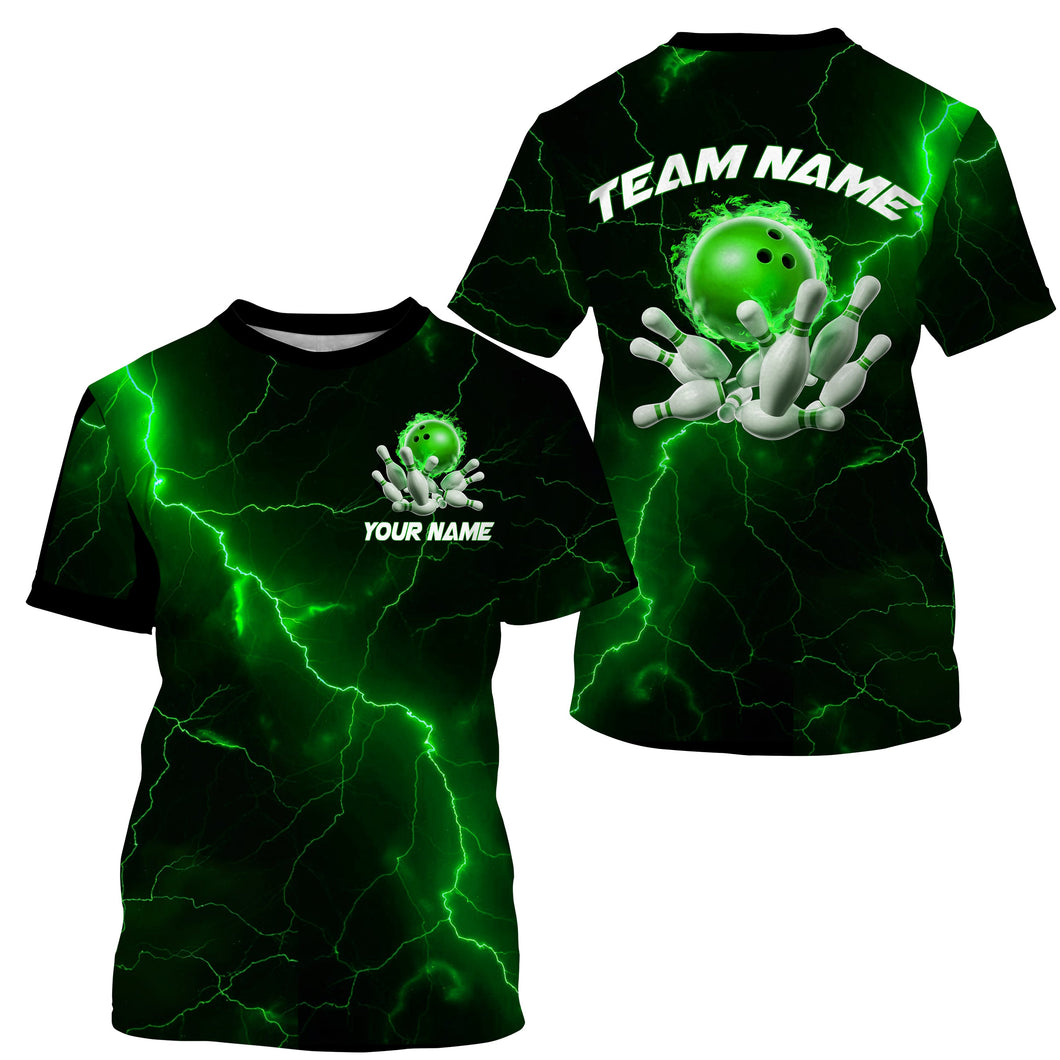 Green Thunder Lightning Flame Bowling Ball Custom Bowling Team T-Shirts For Men IPHW6717
