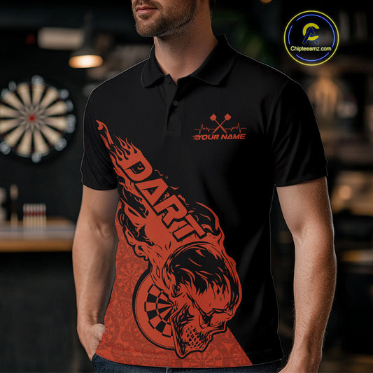 Custom Orange Flame Skull Dartboard Dart Men Polo Shirt, Halloween Dart Team Outfit IPHW9943