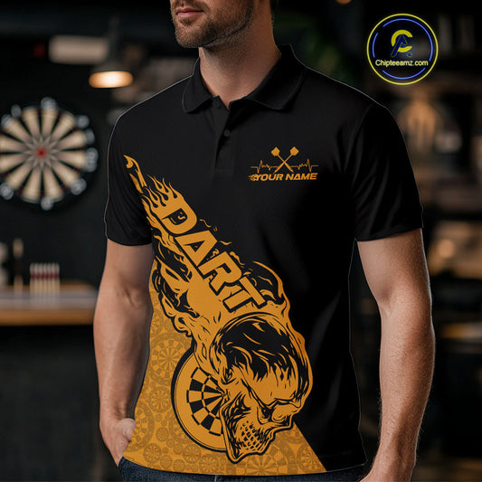 Custom Yellow Flame Skull Dartboard Dart Men Polo Shirt, Halloween Dart Team Outfit IPHW9947