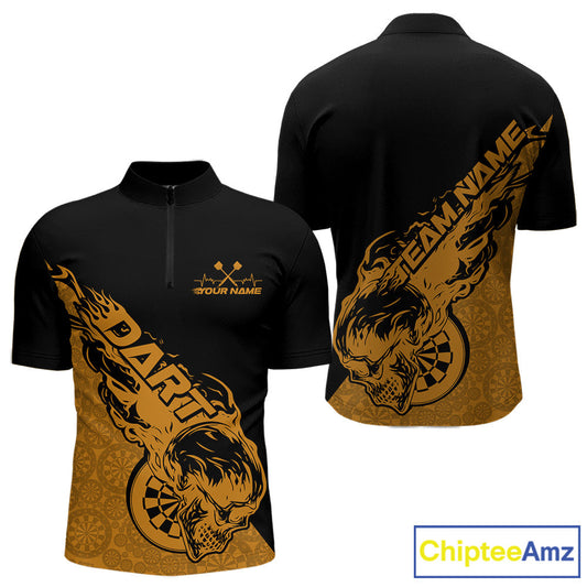 Custom Yellow Flame Skull Dartboard Dart Men Quarter-Zip Shirt, Halloween Dart Team Outfit IPHW9947