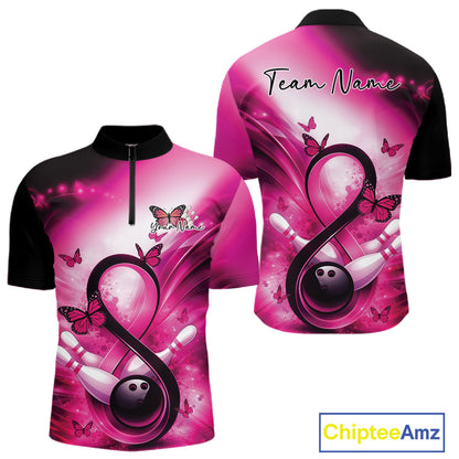 Front and back views of a mens bowling quarter-zip featuring awareness-themed bowling artwork with butterflies and pins.