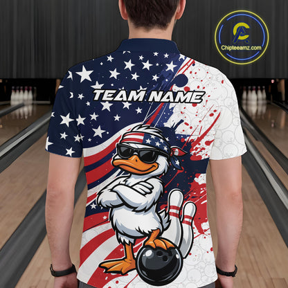Back view of a bowling polo featuring a patriotic duck-themed bowling illustration.