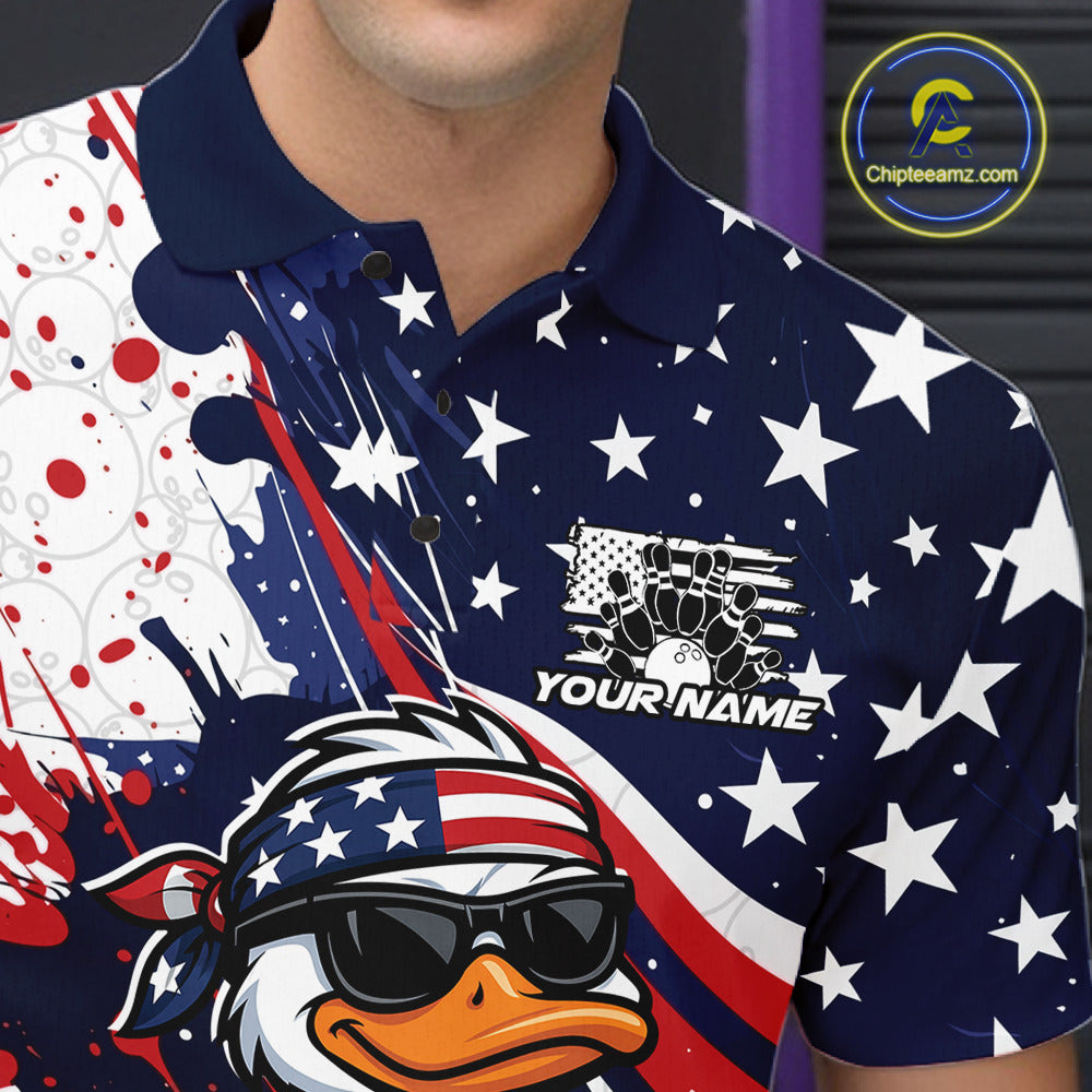 Close-up left chest detail of a bowling polo displaying a duck in sunglasses beside a bowling ball.