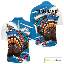 Load image into Gallery viewer, Front and back views of a blue custom quarter zip bowling shirt featuring a funny graffiti turkey holding a bowling ball, paint splatter accents, and a personalized name.