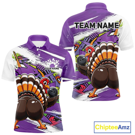 Front and back views of a purple custom men's bowling polo shirt featuring an urban street style graffiti turkey holding a bowling ball.