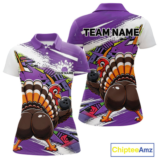 Front and back views of a purple custom women's bowling polo shirt featuring a funny graffiti turkey holding a bowling ball, paint splatter accents, and a personalized name.
