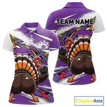 Load image into Gallery viewer, Front and back views of a purple custom women's bowling polo shirt featuring a funny graffiti turkey holding a bowling ball, paint splatter accents, and a personalized name.
