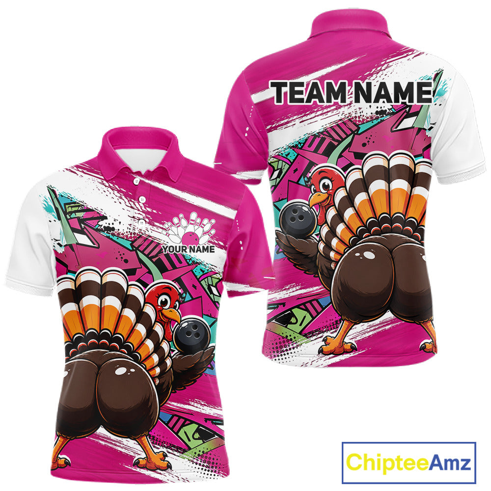 Front and back views of a pink custom men's bowling polo shirt featuring an urban street style graffiti turkey holding a bowling ball.