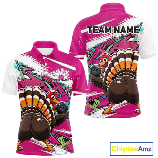 Front and back views of a pink custom men's bowling polo shirt featuring an urban street style graffiti turkey holding a bowling ball.