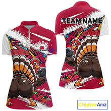 Load image into Gallery viewer, Front and back views of a red custom women's quarter zip bowling shirt featuring a funny graffiti turkey holding a bowling ball, paint splatter accents, and a personalized name.