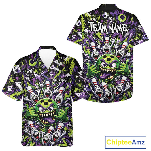 Front and back view of a green and purple button-up bowling shirt showcasing a mischievous green monster bowling ball with sharp teeth, a purple tongue, playful hand gesture, and cheerful cartoon bowling pins.