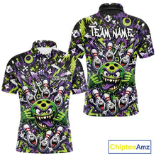 Load image into Gallery viewer, Front and back view of a green and purple men's bowling polo shirt featuring a mischievous green monster bowling ball with sharp teeth, a purple tongue, playful hand gesture, and cheerful cartoon bowling pins.