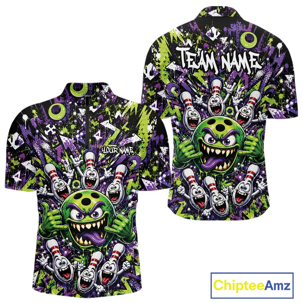 Front and back view of a green and purple men's bowling quarter-zip shirt featuring a mischievous green monster bowling ball with sharp teeth, a purple tongue, playful hand gesture, and cheerful cartoon bowling pins.
