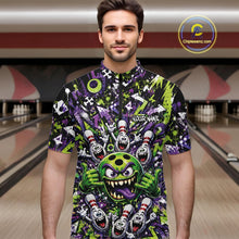 Load image into Gallery viewer, Front view of a male model at a bowling lane wearing a green and purple bowling quarter-zip shirt featuring a mischievous green monster bowling ball with sharp teeth, a purple tongue, playful hand gesture, and cheerful cartoon bowling pins.