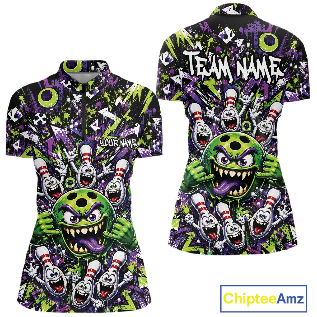Front and back view of a green and purple women's bowling quarter-zip shirt featuring a mischievous green monster bowling ball with sharp teeth, a purple tongue, playful hand gesture, and cheerful cartoon bowling pins.